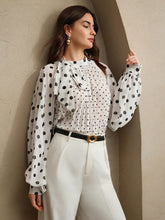 Women Elegant Polka Dot Print Pleated Tied Blouse, Long Sleeve Tops, Versatile Work & Casual Outfits, Spring